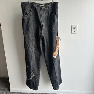 Vintage Raw Blue Shoe Boot Black Jeans Size 38x34 Y2K Skater Wide Leg Embroider